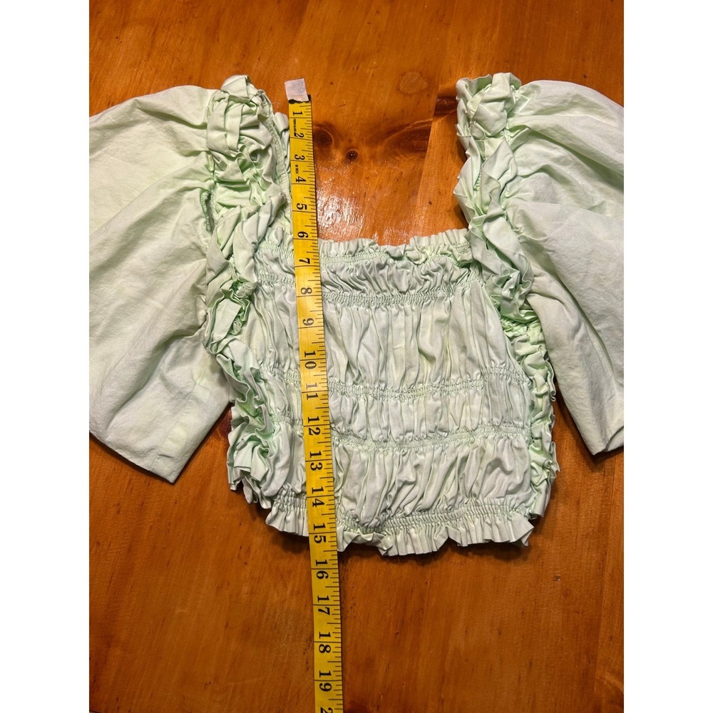 Zara Womens Smocked Puff Sleeve Crop Top Mint Green Ruffle Square Neck XS - Picture 5 of 9